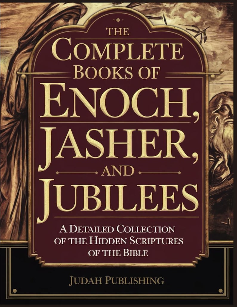Puede incluir: Portada de libro con el t&iacute;tulo "The Complete Books of Enoch, Jasher, and Jubilees". La portada es de color burdeos oscuro con letras doradas. El libro es publicado por Judah Publishing y presenta ilustraciones de figuras.