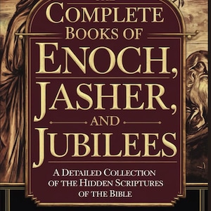Puede incluir: Portada de libro con el t&iacute;tulo "The Complete Books of Enoch, Jasher, and Jubilees". La portada es de color burdeos oscuro con letras doradas e ilustraciones de figuras. Tambi&eacute;n se incluye el texto "A Detailed Collection of the Hidden Scriptures of the Bible".