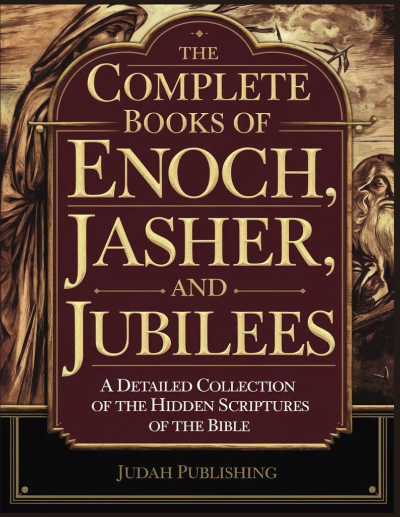 Puede incluir: Portada de libro con el t&iacute;tulo "The Complete Books of Enoch, Jasher, and Jubilees". La portada es de color burdeos oscuro con letras doradas e ilustraciones de figuras. Tambi&eacute;n se incluye el texto "A Detailed Collection of the Hidden Scriptures of the Bible".