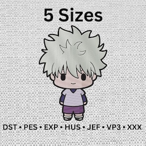 May include: An embroidered design of a cartoon character with spiky light green hair, wearing a purple shirt and shorts. The text "5 Sizes" is above the character. Below are embroidery file formats: DST, PES, EXP, HUS, JEF, VP3, and XXX.