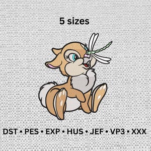 May include: An embroidered design of a cartoon fawn with a dragonfly on its nose. The fawn is light brown with white accents and blue eyes. The text "5 sizes" is above the fawn, and embroidery file formats are listed below.