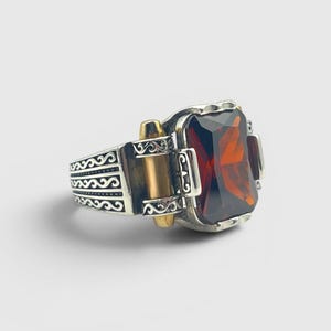 Handmade Men’s Garnet Statement Ring, 925 Sterling Silver, Rectangular Red Gemstone