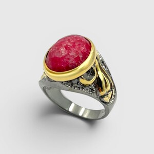925 Sterling Silver Oval Ruby-Color Statement Ring, Gold-Tone Ornamental Design