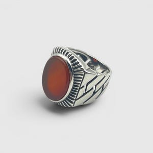 Handmade Men’s Red Agate Signet Ring, 925 Sterling Silver Oval Statement Ring