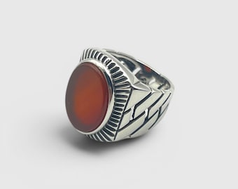 Handmade Men’s Red Agate Signet Ring, 925 Sterling Silver Oval Statement Ring
