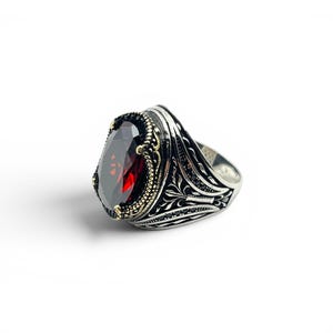Men’s Ruby Statement Ring, 925 Sterling Silver Red Stone Ring, Ornate Vintage Style