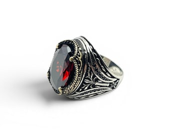 Men’s Ruby Statement Ring, 925 Sterling Silver Red Stone Ring, Ornate Vintage Style
