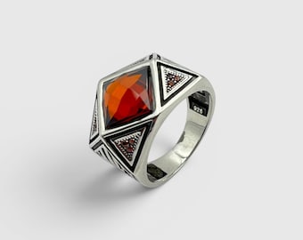 Handmade Men’s Ruby Signet Ring, 925 Sterling Silver Square Statement Ring
