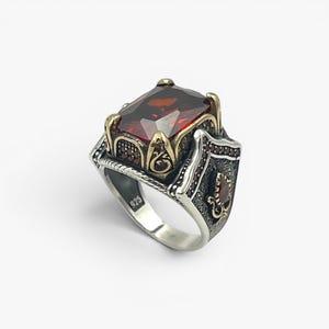 Handmade Men’s Garnet Statement Ring, 925 Sterling Silver Rectangular Red Stone Ring