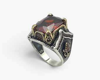Handmade Men’s Garnet Statement Ring, 925 Sterling Silver Rectangular Red Stone Ring