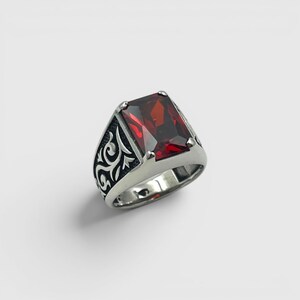 Men’s Rectangular Ruby Statement Ring, Handmade 925 Sterling Silver with Engraved Scrollwork imagen 4