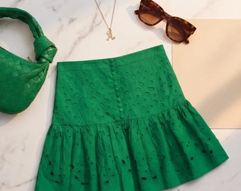Zara Green Eyelet Mini Skirt |  Boho Tiered Ruffle Skirt Size XS