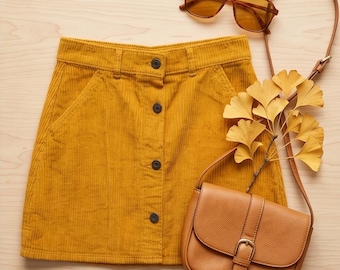 Mustard Corduroy Mini Skirt | Button Front High Waist Boho (Size L)