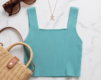 SHEIN Ribbed Knit Crop Tank Top Teal |  Size M