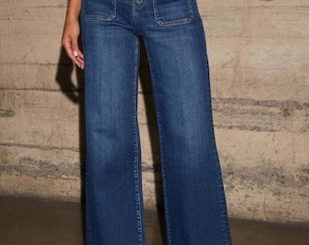 Boutique High Rise Front Pocket Patch Wide Leg Jeans - Medium & Light Wash