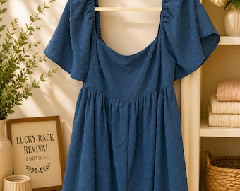 Blue Swiss Dot Romper Puff Sleeve Babydoll Romper Flowy Cottagecore Romper Square Neck Soft Girl Outfit