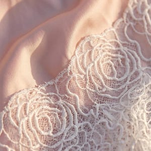 May include: Close-up of a delicate, pale pink fabric with a white lace trim. The lace features a floral rose pattern, adding a touch of elegance. The soft, flowing fabric creates a gentle, romantic aesthetic.