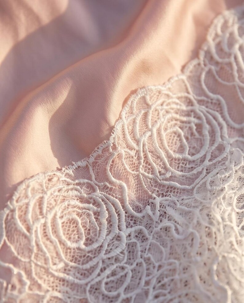 May include: Close-up of a delicate, pale pink fabric with a white lace trim. The lace features a floral rose pattern, adding a touch of elegance. The soft, flowing fabric creates a gentle, romantic aesthetic.