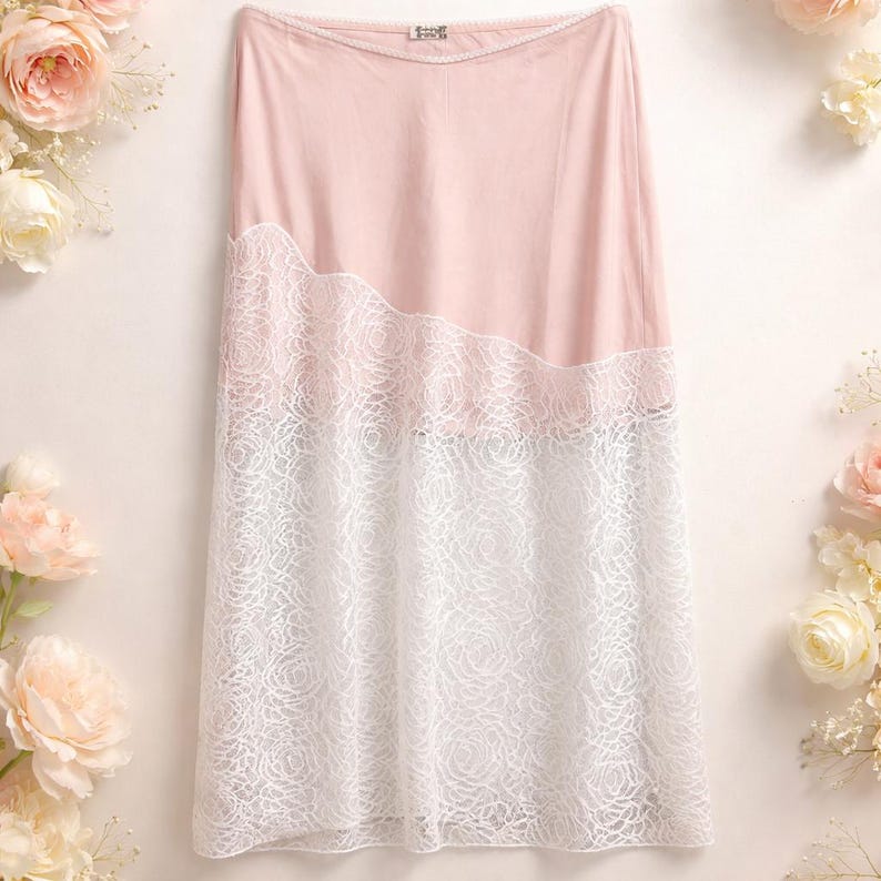 May include: A light pink skirt with a white lace overlay. The skirt features a solid pink top section and a lower section of white lace with a floral pattern. The lace detail adds a delicate touch to the garment.