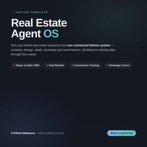 May include: A digital Notion template titled Real Estate Agent OS on a dark background. It features text describing a business system for contacts, listings, deals, showings, and commissions, with buttons for CRM, pipeline, tracking, and docs.