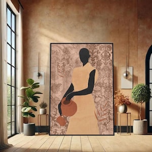 Silueta de mujer africana en terracota, póster enmarcado estilo boho, arte de pared minimalista con maceta de barro.