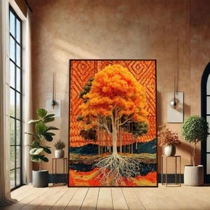 Baum des Lebens Wandkunst - Herbst Orange Fibre Art Poster, Naturdekor mit Rahmen