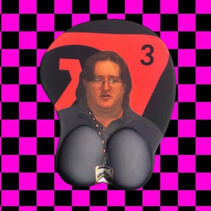 May include: Ergonomic mouse mat featuring a portrait of a man with glasses, set against a red and black design with the number 3. The mouse mat has a black base with two padded areas for wrist support. The background is a pink and black checkered pattern.