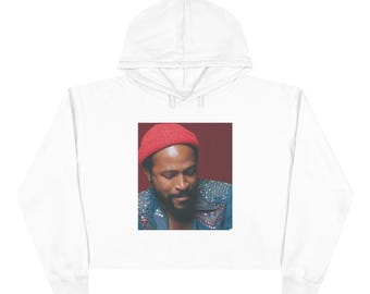 Felpa corta con cappuccio e berretto di Marvin Gaye / Ritratto vintage, stampa fotografica quadrata