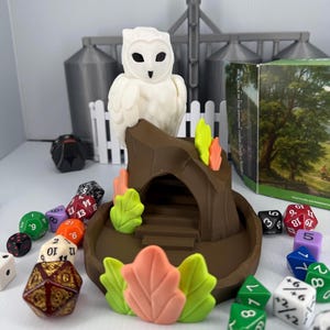 Snowy Owl Dice Tower with Autumn Leaves, DnD Roller, Board Game Gift