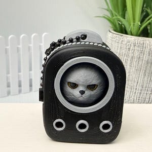 May include: A black and gray cat carrier keychain with a gray cat head visible through a circular window. The keychain has a small chain and three circular holes at the bottom. The cat has yellow eyes and a grumpy expression.