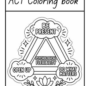 May include: Black and white line art of an "ACT Coloring book" with the words "BE PRESENT", "OPEN UP", and "DO WHAT MATTERS" surrounding a triangle labeled "PSYCHOLOGICAL FLEXIBILITY".