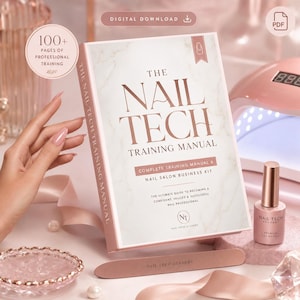 May include: A complete nail tech training manual with the title "The Nail Tech Training Manual" and the text "Complete Training Manual & Nail Salon Business Kit". The image also includes a bottle of gel polish, a nail file, and a nail lamp.