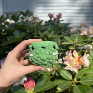 May include: A small, green crocheted frog with black eyes and pink cheeks. The frog is held in a hand against a backdrop of green foliage and pink flowers. The frog is a handmade item.