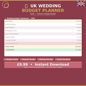 May include: A digital UK Wedding Budget Planner for 2025, designed for Excel and Google Sheets. The planner includes a budget dashboard, with sections for venue, attire, photography, and more. The price is displayed as £9.99.