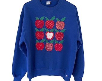 Vintage Russell Athletic Apple Applique Sweatshirt Blue 90s Teacher Made   USA L