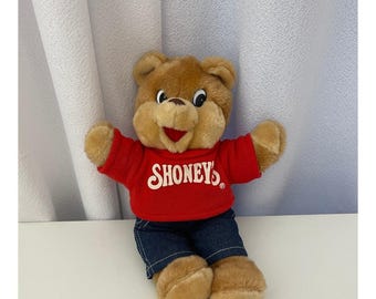 Shoneys Bear peluche peluche chemise rouge salopette en jean jouet vintage 1986