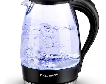 Hervidor de vidrio Aigostar de 1,7 litros, 2200 vatios, con iluminación LED, libre de BPA, filtro antical, base de acero inoxidable.