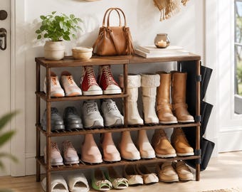 Bamboo Shoe Rack, 4 Tier Walnut Shoe Organizer with Removable Side Pocket, Entryway Closet Storage for 20-24 Pairs