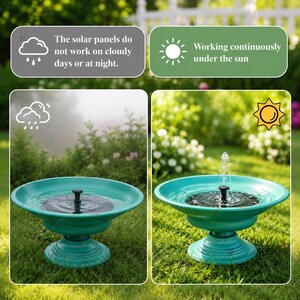 May include: A teal pedestal bird bath with a circular solar-powered fountain pump in the centre. The image includes text stating: The solar panels do not work on cloudy days or at night, and Working continuously under the sun, with weather icons.
