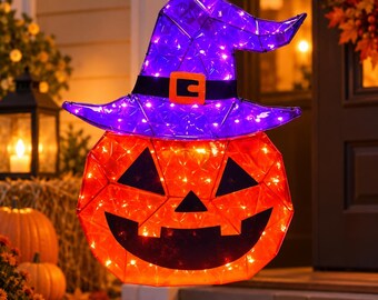 Light Up Pumpkin Witch Hat, 24 Inch LED Jack O Lantern, Outdoor Halloween Porch Decor, Glowing Pumpkin Yard and Window Decoration