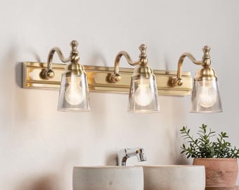 Nowoczesna lampa łazienkowa nad lustro | Kinkiet ścienny z 3 światłami | Szklana metalowa lampa lustrzana | Oświetlenie nad lustro | Mosiężna lampa nad lustro