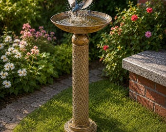 Vintage Metal Bird Bath with Cylindrical Base, Outdoor Bird Feeder Tray for Garden Yard