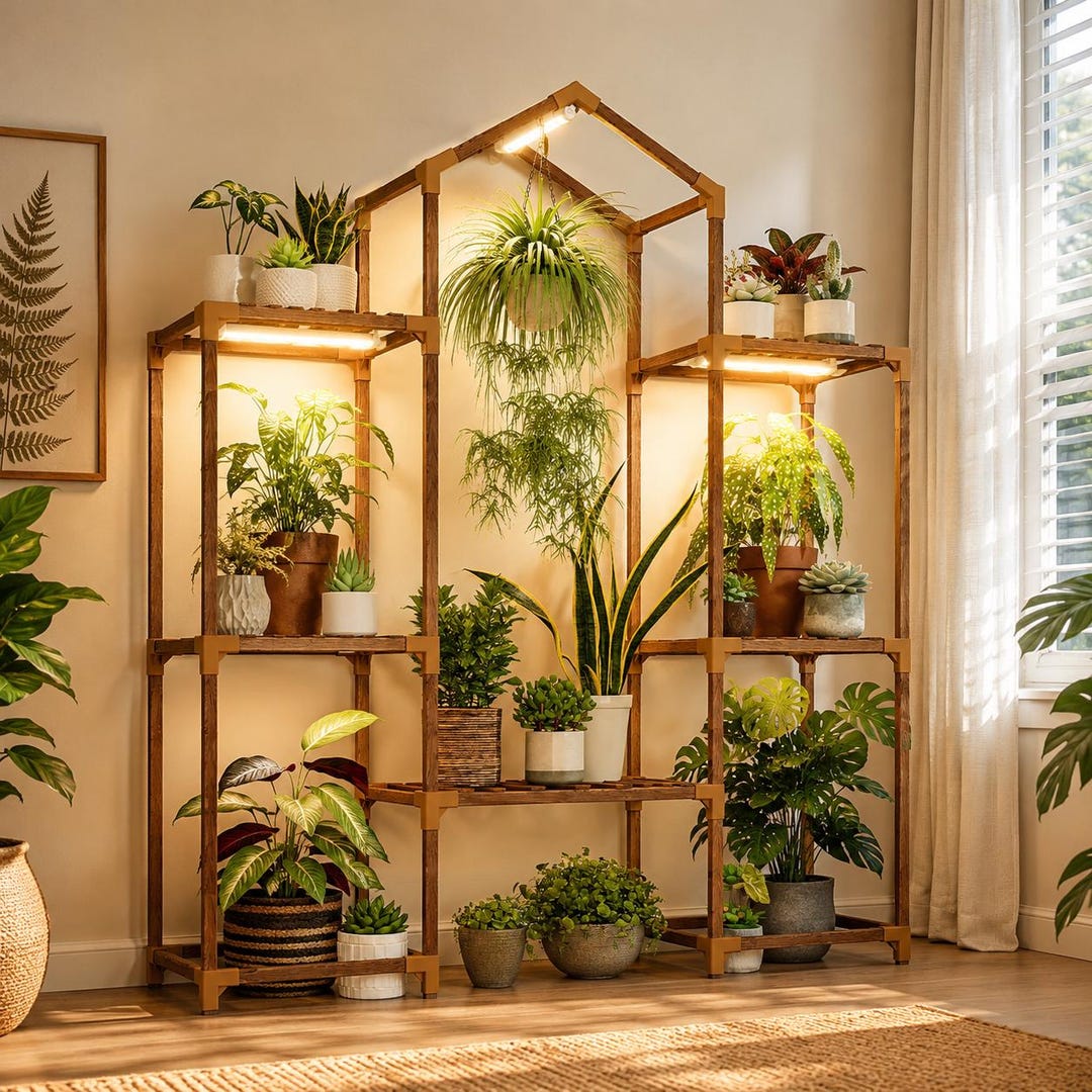 Mini House Shape Rack Indoor Plant Stand With Grow Lights, Multi Tier Wooden Plant Shelf ...