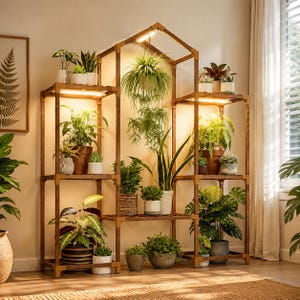 Indoor Plant Stand with Grow Lights, Multi Tier Wooden Plant Shelf, House Shaped Rack for Living Room Garden Decor