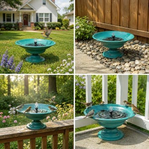 May include: A teal pedestal bird bath featuring a central solar-powered water fountain. The basin is wide and shallow with a flared rim, supported by a sturdy circular base. Small birds are shown interacting with the water in various settings.