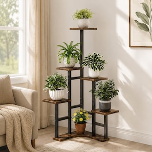 Tall Plant Stand for Indoor Plants, Multi Tier Wood and Metal Shelf, Corner Flower Pot Rack for Living Room Decor