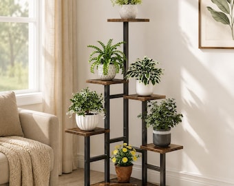 Tall Plant Stand for Indoor Plants, Multi Tier Wood and Metal Shelf, Corner Flower Pot Rack for Living Room Decor