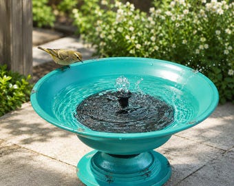 Turquoise Solar Bird Bath Fountain, Cast Iron Pedestal Bowl for Outdoor Garden, Patio and Backyard Decor