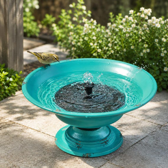 Turquoise Solar Bird Bath Fountain, Cast Iron Pedestal Bowl for Outdoor Garden, Patio and Backyard Decor