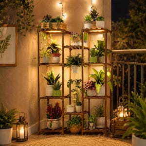 May include: A tall, multi-tiered wooden plant stand with integrated warm LED lighting, holding various potted plants including snake plants, ferns, and succulents. The structure features multiple shelves at different heights, illuminated by string lights.